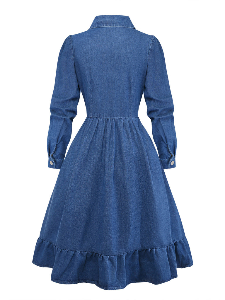 Blaues 50er Jeans-Shirtkleid mit Reverskragen und Knopf