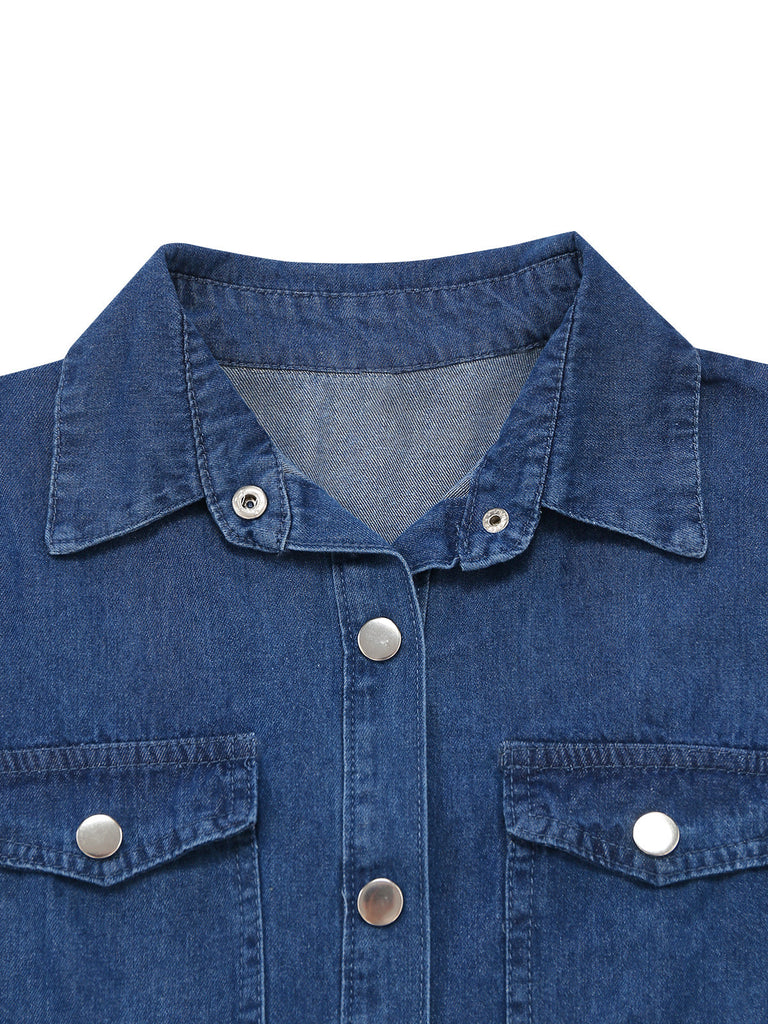 Blaues 50er Jeans-Shirtkleid mit Reverskragen und Knopf