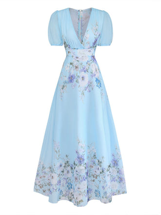 Hellblaues 50er Maxikleid mit Aquarellblumen