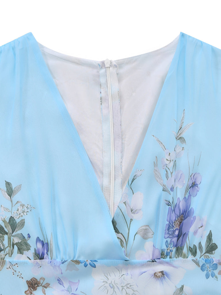 Hellblaues 50er Maxikleid mit Aquarellblumen