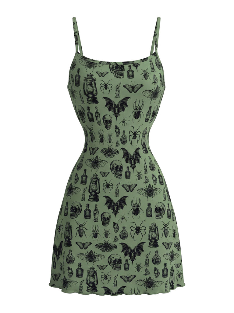 80er Punk Spaghettiträger-Minikleid mit Totenkopf-Fledermaus-Print
