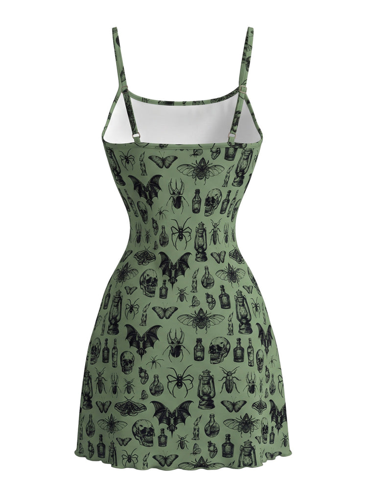 80er Punk Spaghettiträger-Minikleid mit Totenkopf-Fledermaus-Print