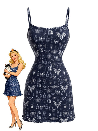 80er Punk Spaghettiträger-Minikleid mit Totenkopf-Fledermaus-Print