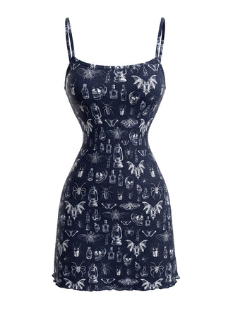 80er Punk Spaghettiträger-Minikleid mit Totenkopf-Fledermaus-Print