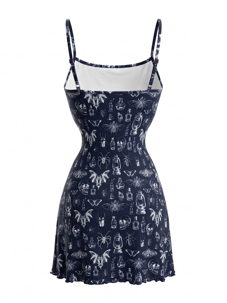 80er Punk Spaghettiträger-Minikleid mit Totenkopf-Fledermaus-Print
