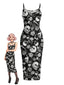 Schwarzes 30er Gothic-Midikleid mit Totenköpfen und Rosen
