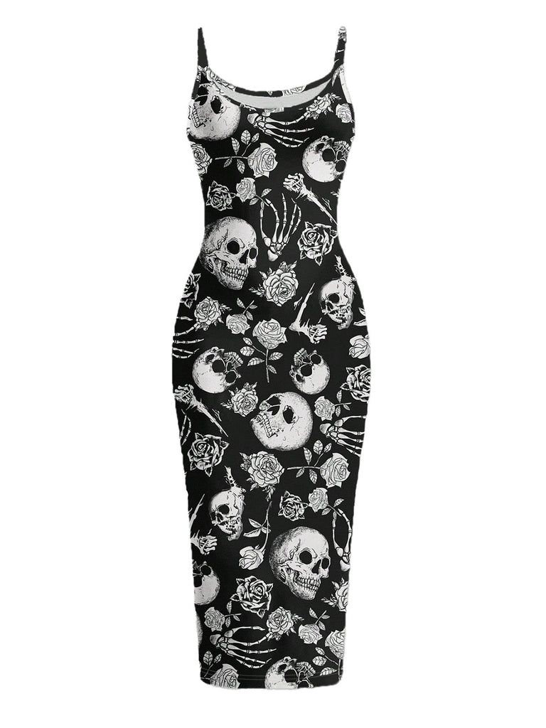 Schwarzes & Rosa 30er Gothic Midikleid mit Totenkopf und Figurbetont