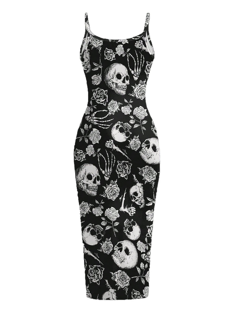 Schwarzes & Rosa 30er Gothic Midikleid mit Totenkopf und Figurbetont