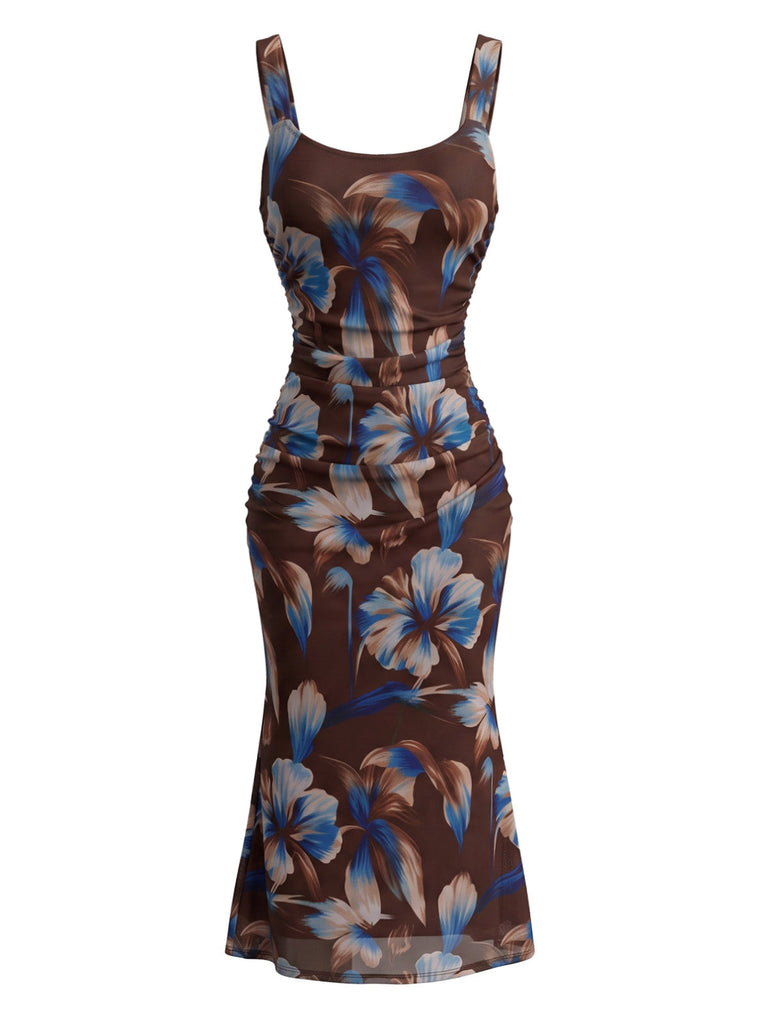 30er Netz-Bodycon-Kleid mit Eckiger Ausschnitt und Blumen