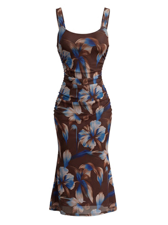 30er Netz-Bodycon-Kleid mit Eckiger Ausschnitt und Blumen