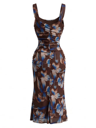 30er Netz-Bodycon-Kleid mit Eckiger Ausschnitt und Blumen