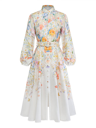 Weißes 40er Kleid mit Blumen-Print und Langarm
