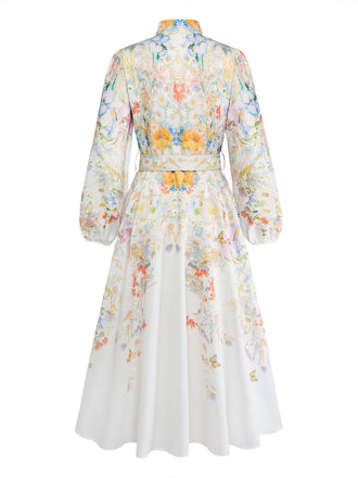 Weißes 40er Kleid mit Blumen-Print und Langarm
