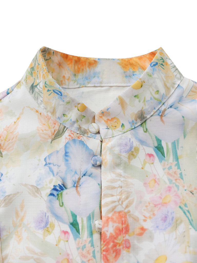 Weißes 40er Kleid mit Blumen-Print und Langarm