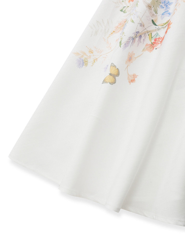 Weißes 40er Kleid mit Blumen-Print und Langarm