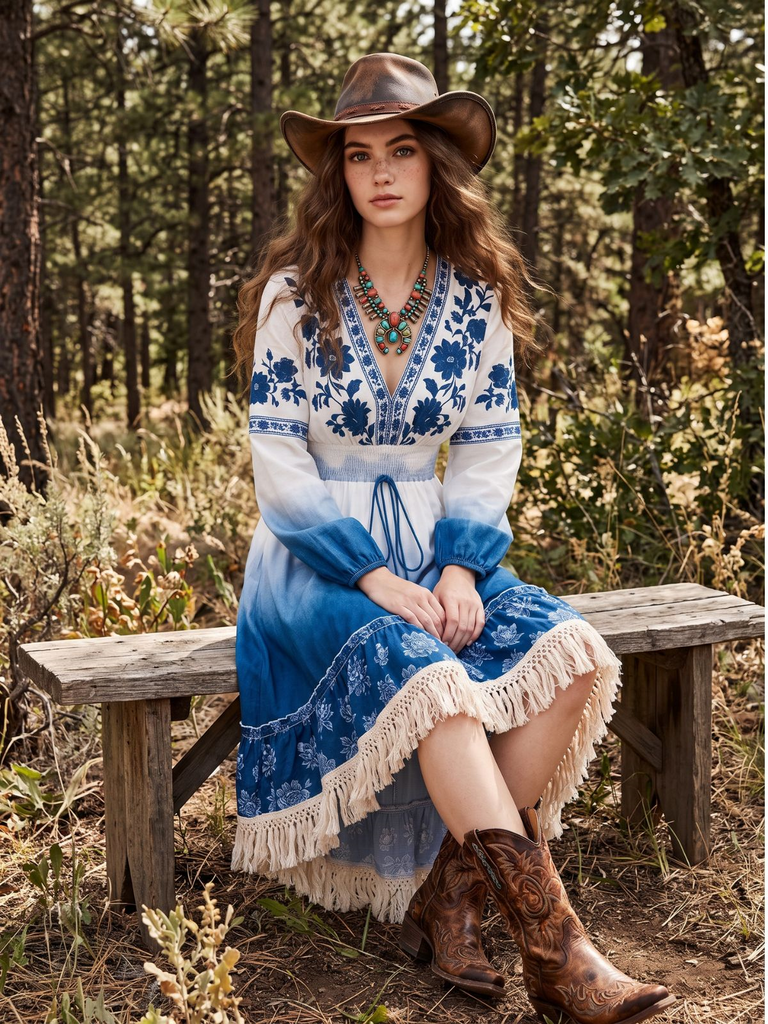 Blaues 70er Boho Kleid mit Blumen und Ombre