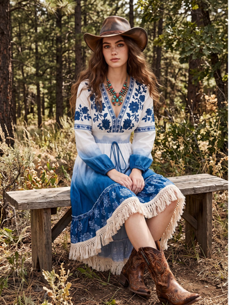 Blaues 70er Boho Kleid mit Blumen und Ombre