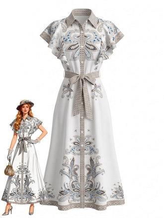 30er Vintage Shirtkleid mit Blumen-Print und Knopf