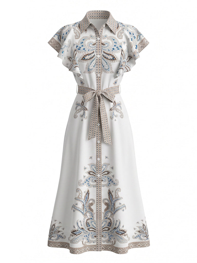 30er Vintage Shirtkleid mit Blumen-Print und Knopf