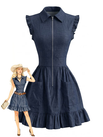 Navy Blue 1980s Ruffle Denim Dress