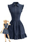 Dunkelblaues 80er Denimkleid mit Frontreißverschluss und Rüschenärmeln