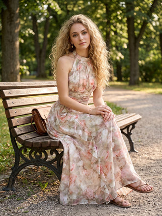 Gelbes & Grünes 40er Maxikleid mit Neckholder und Blumen