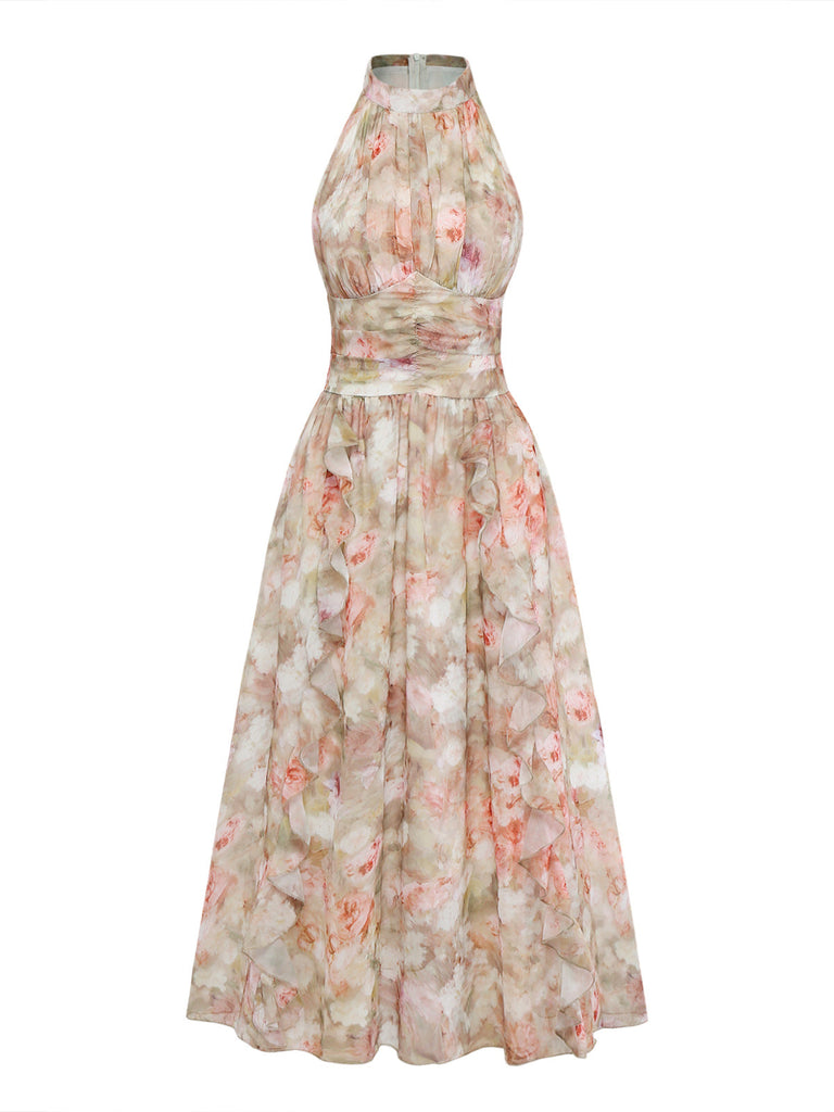 Gelbes & Grünes 40er Maxikleid mit Neckholder und Blumen