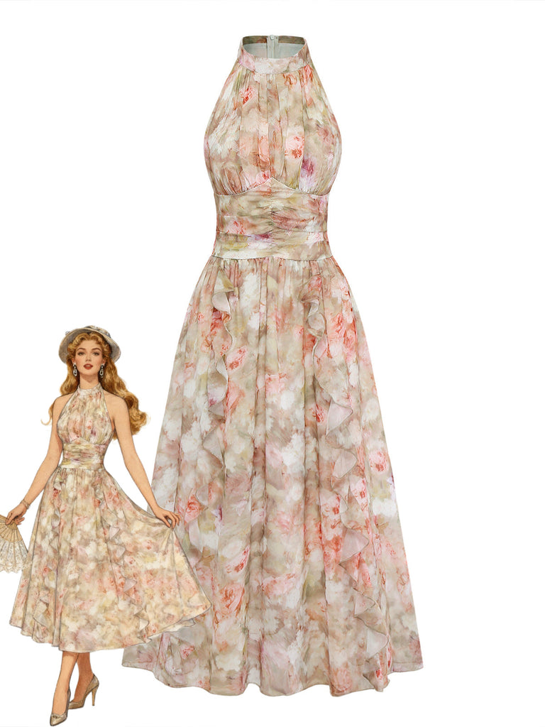 Gelbes & Grünes 40er Maxikleid mit Neckholder und Blumen