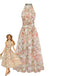 Gelbes & Grünes 40er Maxikleid mit Neckholder und Blumen