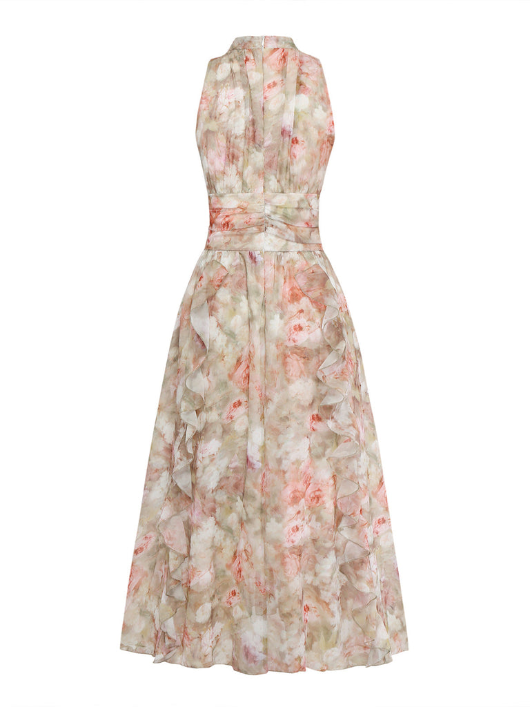 Gelbes & Grünes 40er Maxikleid mit Neckholder und Blumen