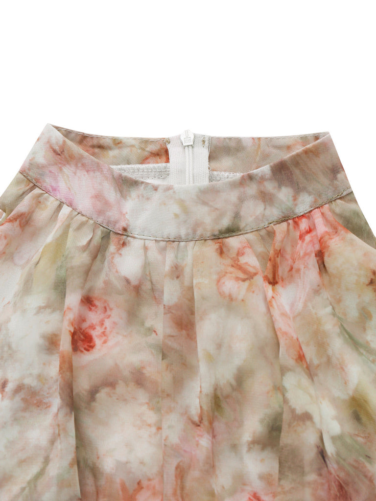 Gelbes & Grünes 40er Maxikleid mit Neckholder und Blumen