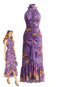 Violettes 70er Neckholder-Maxikleid mit Aquarellblumen und Raffungen