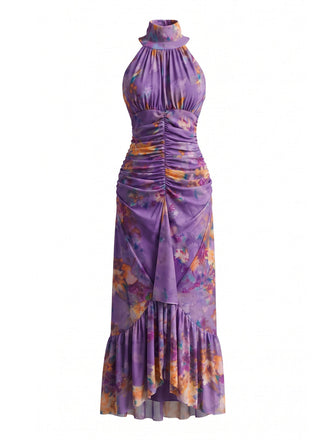 Violettes 70er Maxikleid mit Aquarellblumen und Raffung