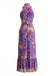 Violettes 70er Maxikleid mit Aquarellblumen und Raffung