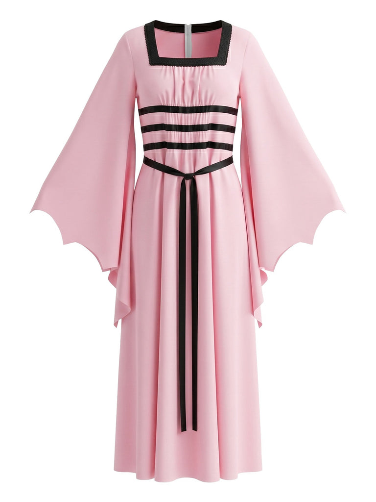 Rosa 80er Gothic-Kleid mit Karree-Ausschnitt und Fledermausärmeln