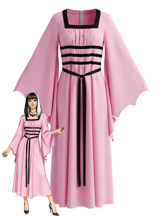 Rosa 80er Gothic-Kleid mit Karree-Ausschnitt und Fledermausärmeln