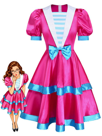 Weißes & Rosa 60er Halloween Kleid mit Puffärmel und Reverskragen