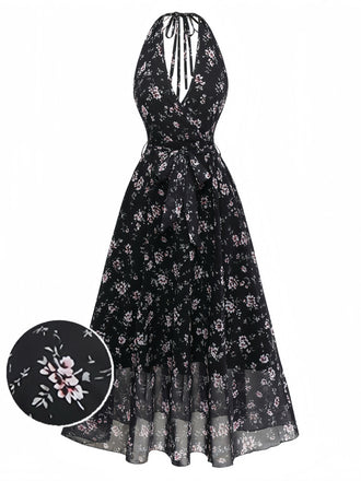 Black 1940s Floral Halter Vintage Dress