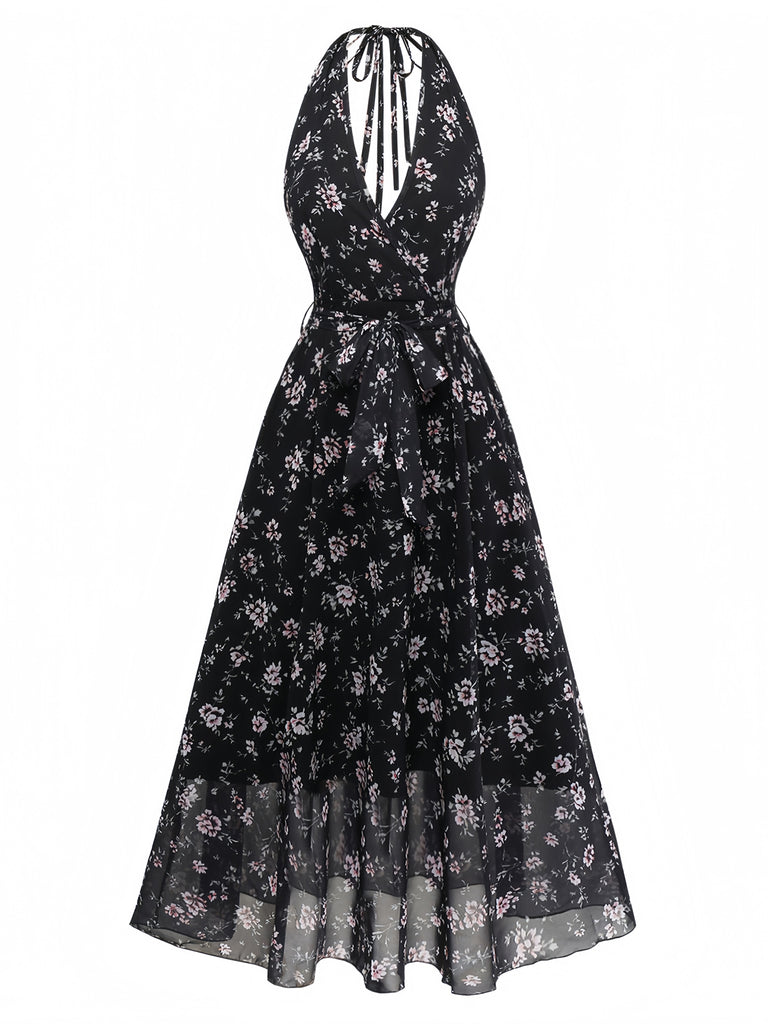 Black 1940s Floral Halter Vintage Dress 3