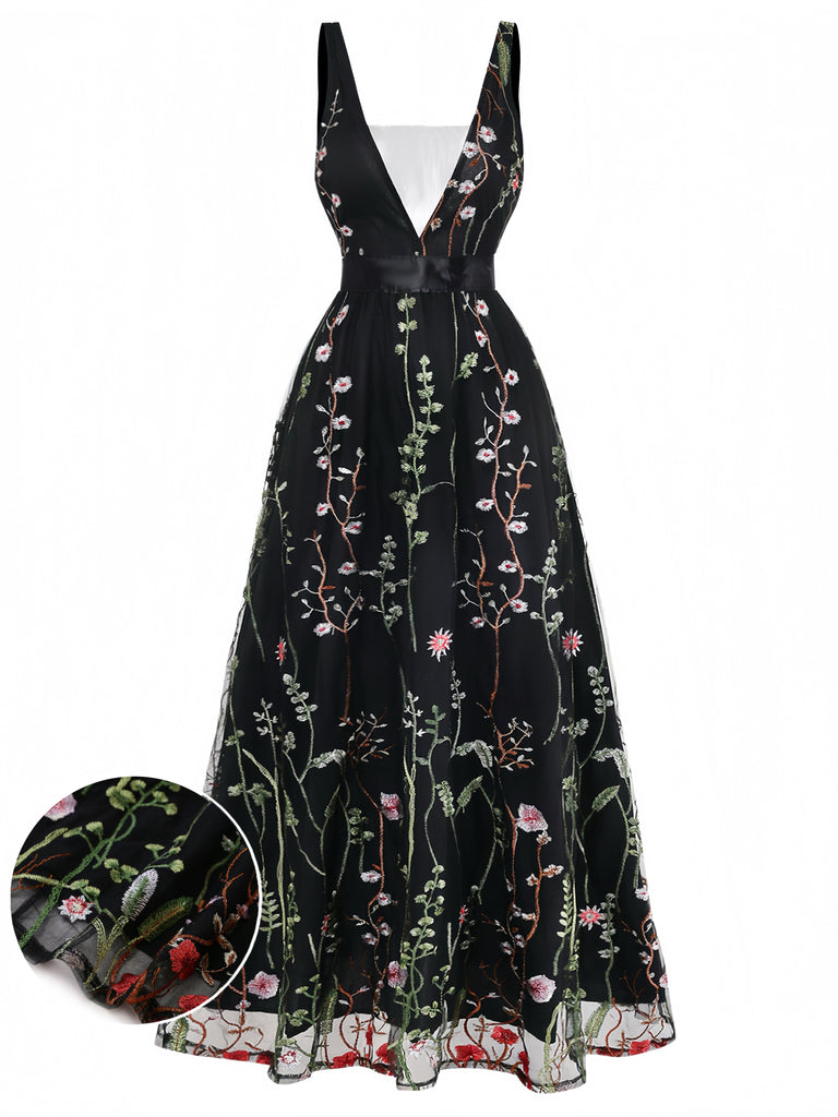Schwarzes 30er Netz-Langes Kleid mit V-Ausschnitt und Blumen