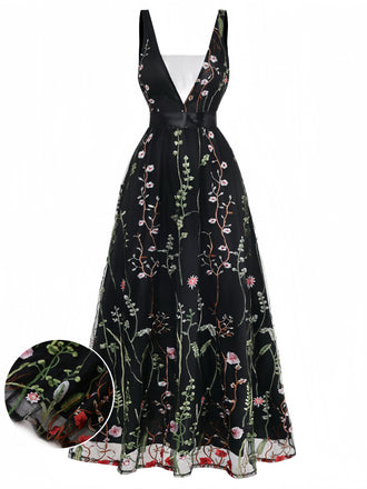 Schwarzes 30er Netz-Langes Kleid mit V-Ausschnitt und Blumen