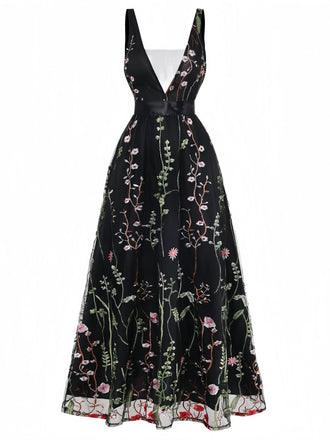 Schwarzes 30er Netz-Langes Kleid mit V-Ausschnitt und Blumen