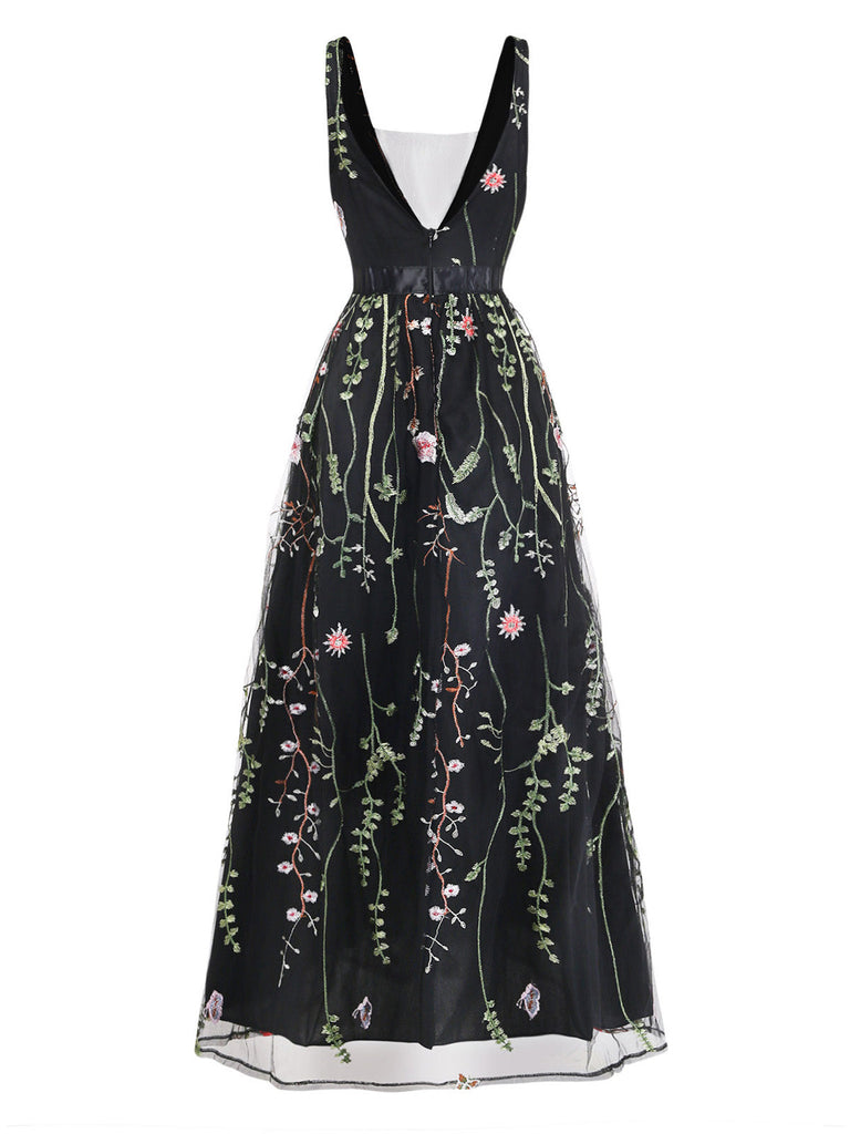 Schwarzes 30er Netz-Langes Kleid mit V-Ausschnitt und Blumen