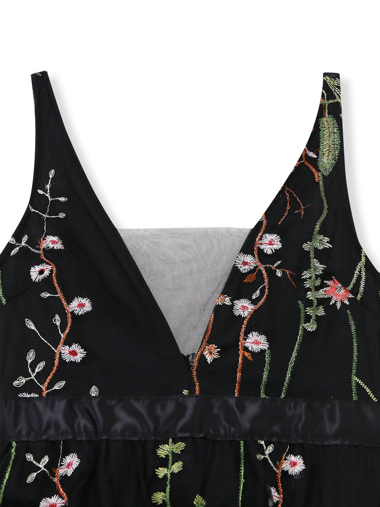 Schwarzes 30er Netz-Langes Kleid mit V-Ausschnitt und Blumen