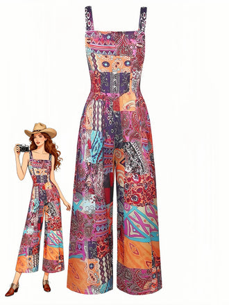 70er Boho-Jumpsuit mit Ethno-Print und Karree-Ausschnitt
