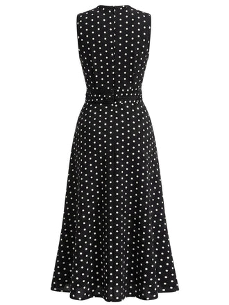 30er Ärmelloses Raffkleid mit Polka-Dots und Rundhals