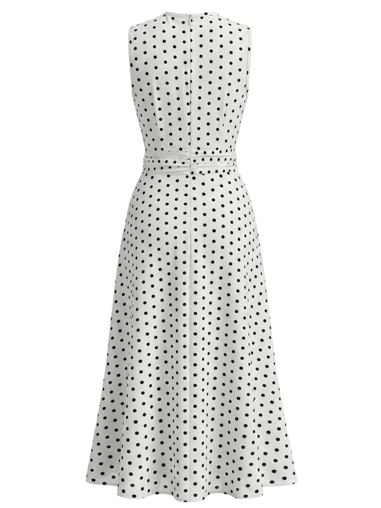 30er Ärmelloses Raffkleid mit Polka-Dots und Rundhals