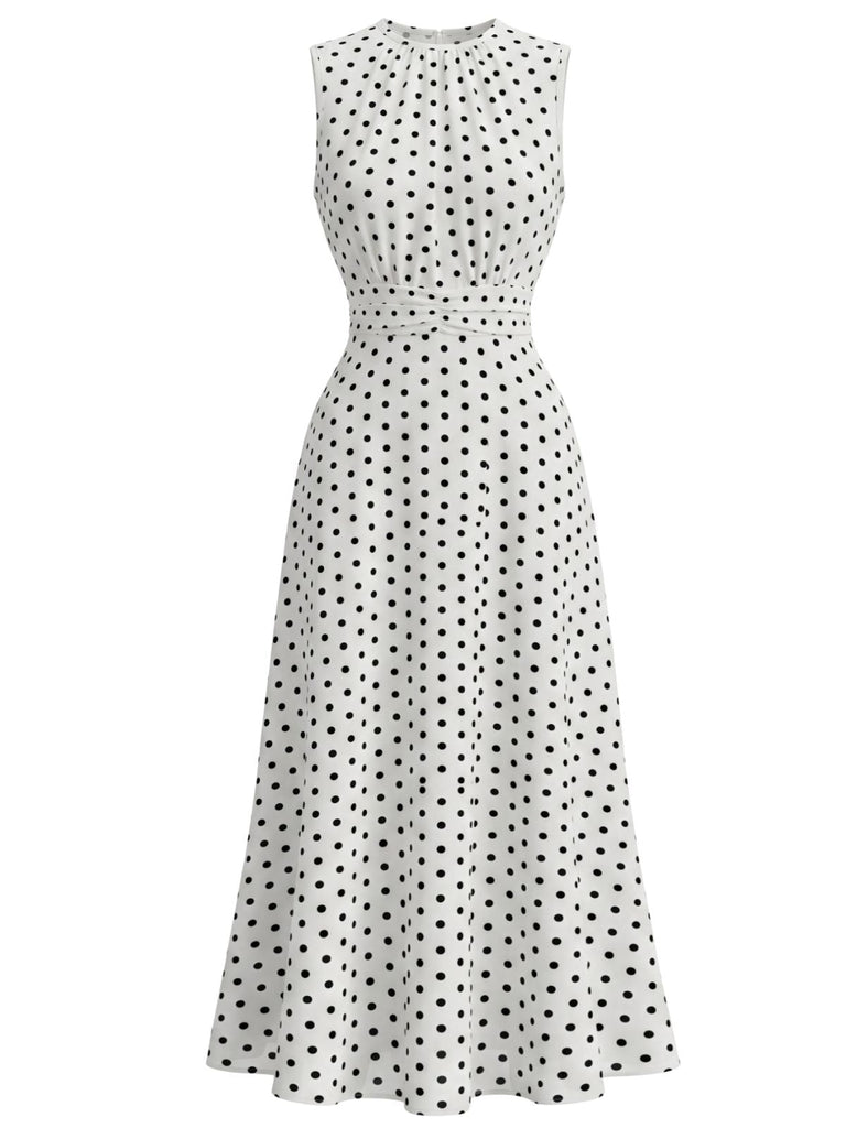 30er Ärmelloses Raffkleid mit Polka-Dots und Rundhals