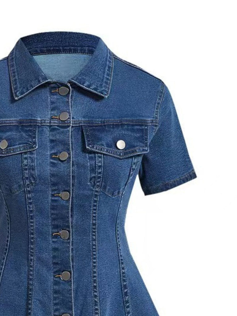Blaues 50er Jeans-Kleid mit Kurzarm und Reverskragen