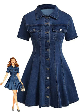 Blaues 50er Jeans-Kleid mit Kurzarm und Reverskragen